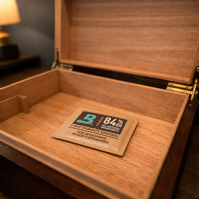 Open empty humidor with pale fresh cedar interior and a single white seasoning pack lying flat on the cedar floor