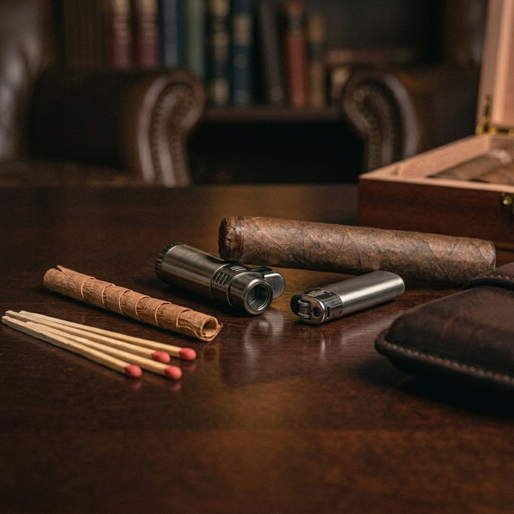 Choosing the right flame to light a cigar, a clean butane lighter that adds no flavour to the smoke