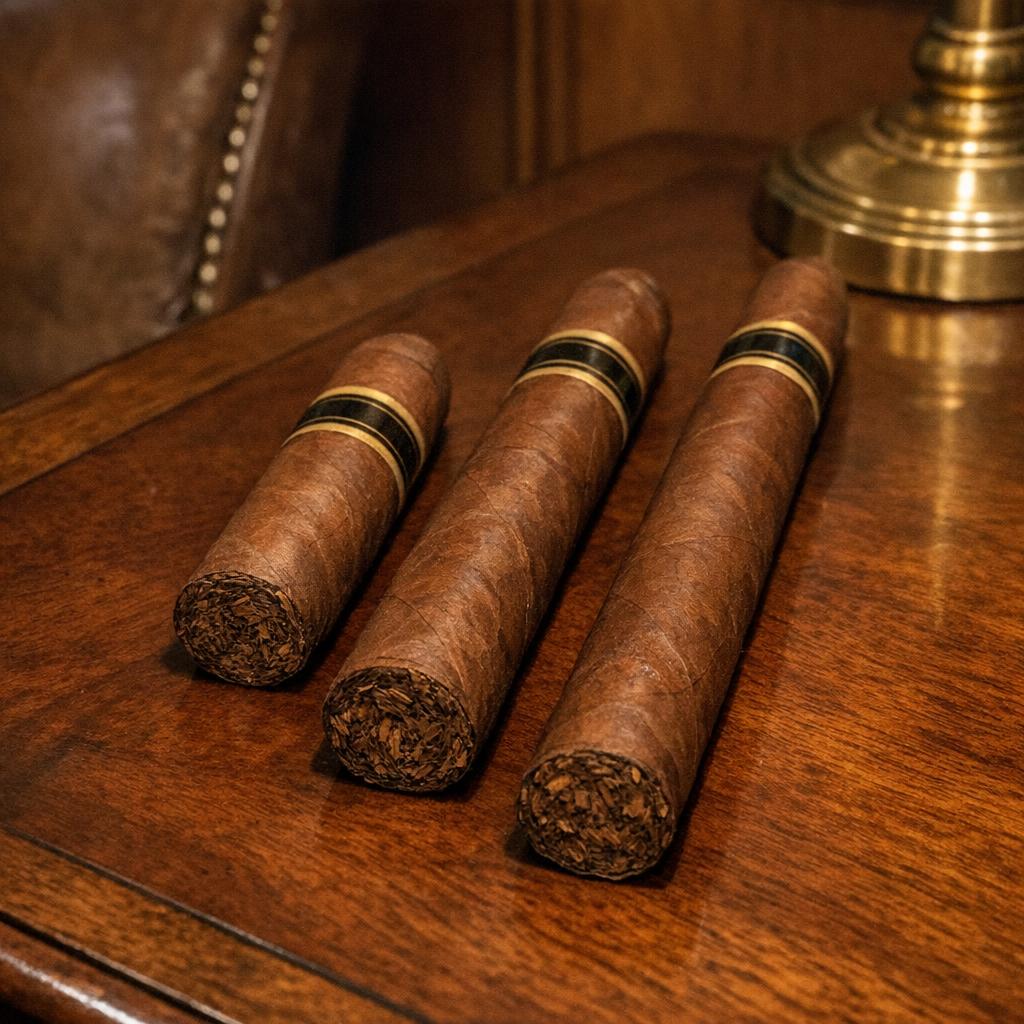 Three unlit cigars side by side on a walnut desk, ordered shortest to longest: a Robusto, a Toro, and a Churchill.