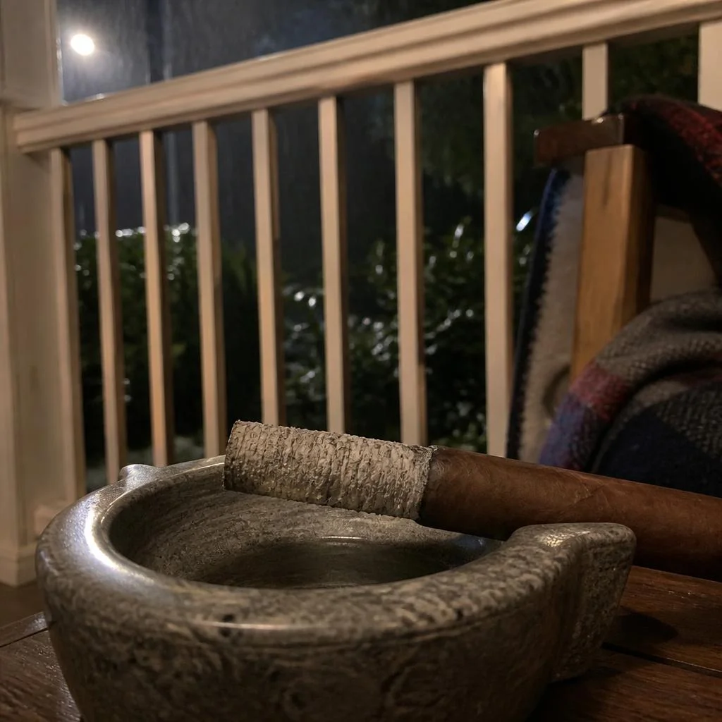A close view of a lit toro on a grey stone ashtray, its long pale grey ash column finely ringed, with a porch rail behind