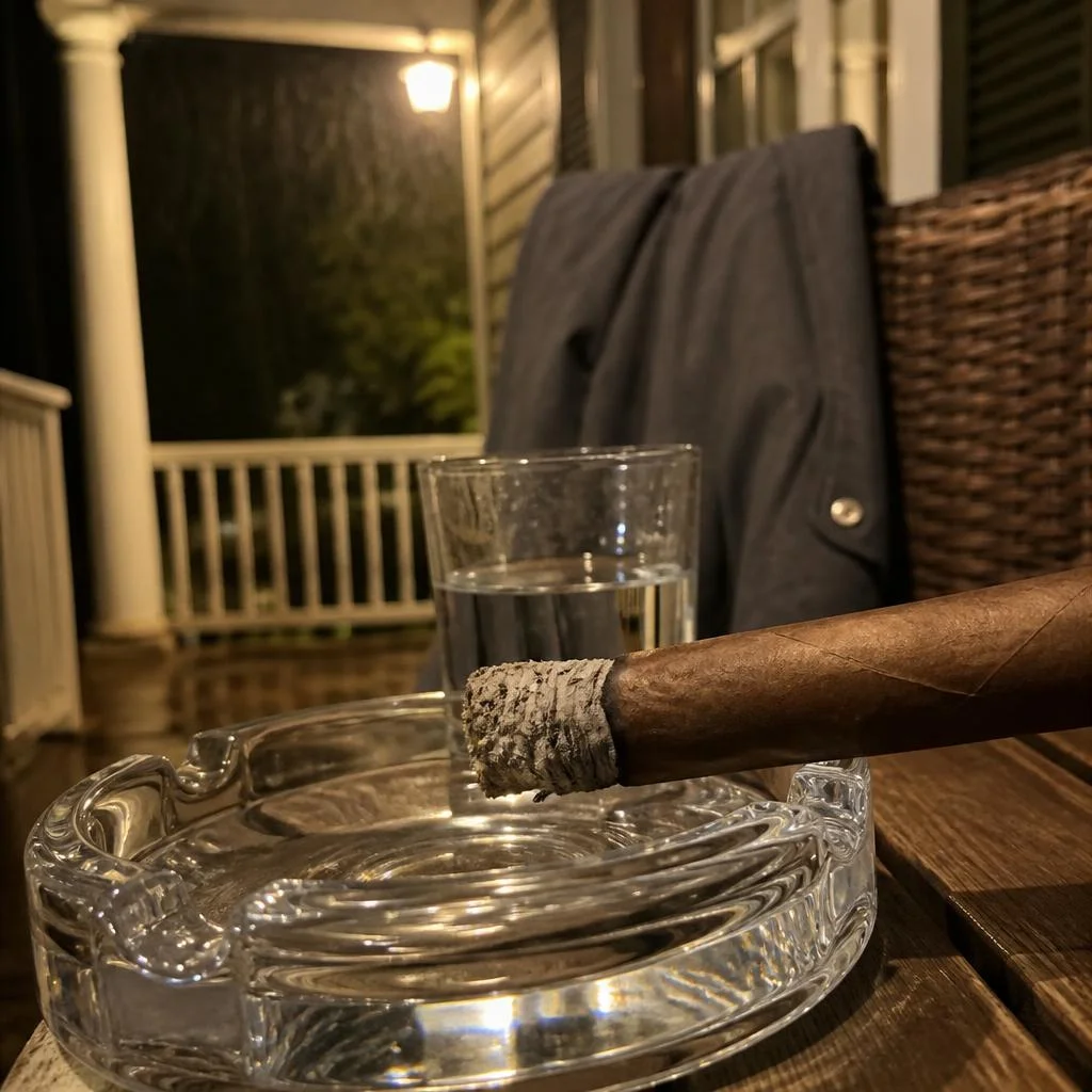 A lit corona resting across a clear glass ashtray with a column of grey ash at its foot, a tumbler of water behind, porch in rain
