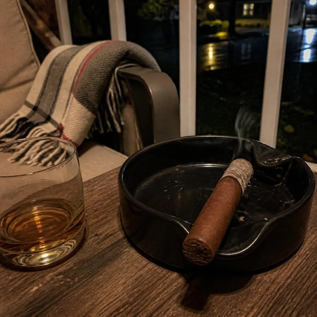 A lit robusto resting in a black ceramic ashtray on a porch side table beside a tumbler of whisky on a wet October night