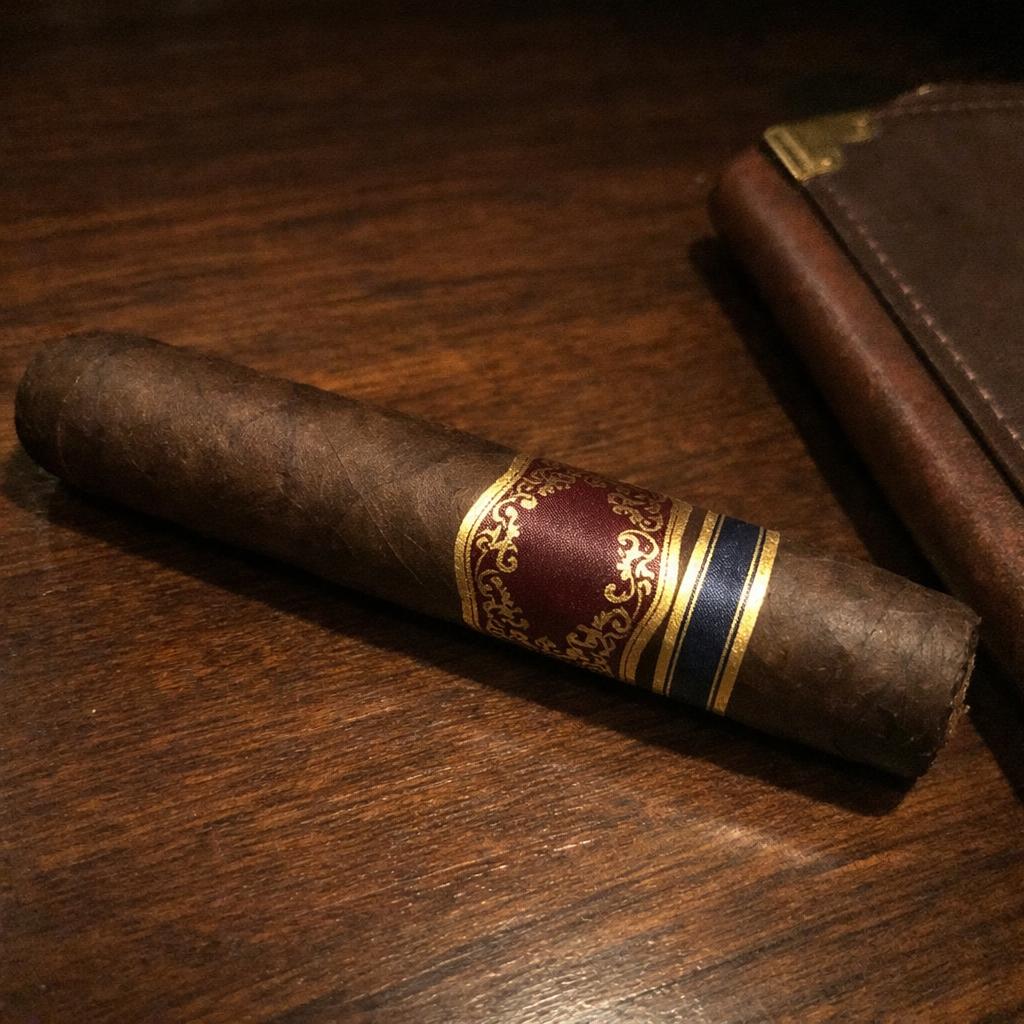 A single robusto cigar resting on a dark walnut desk beside a leather-bound notebook, its burgundy and gold primary band stacked above a navy and gold secondary band.