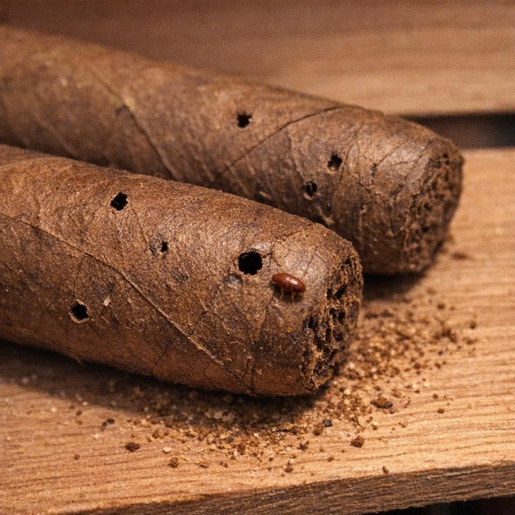 Two premium cigars bored with small holes by cigar beetles, fine tobacco dust and a single beetle on a cedar shelf