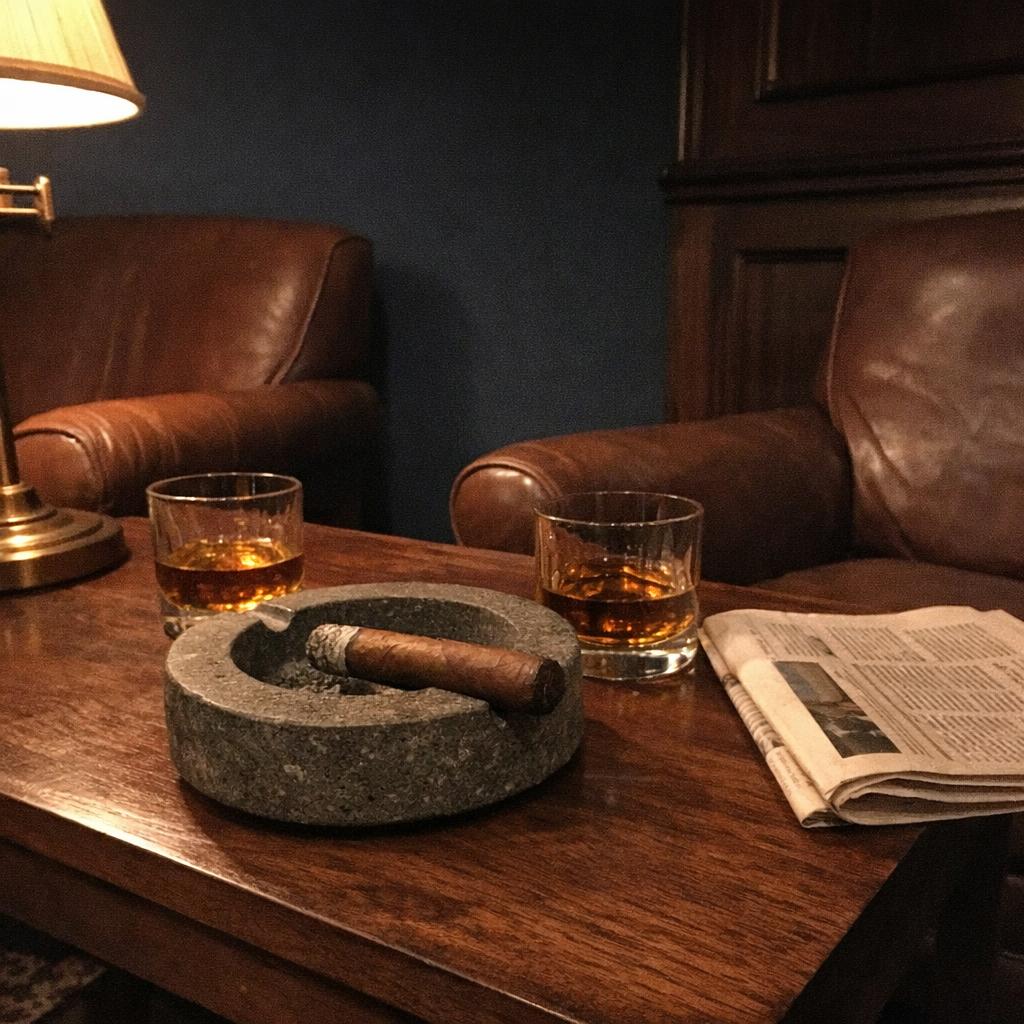 Two leather armchairs facing each other across a lounge table holding a stone ashtray with a resting cigar, two glasses of whisky and a folded newspaper.