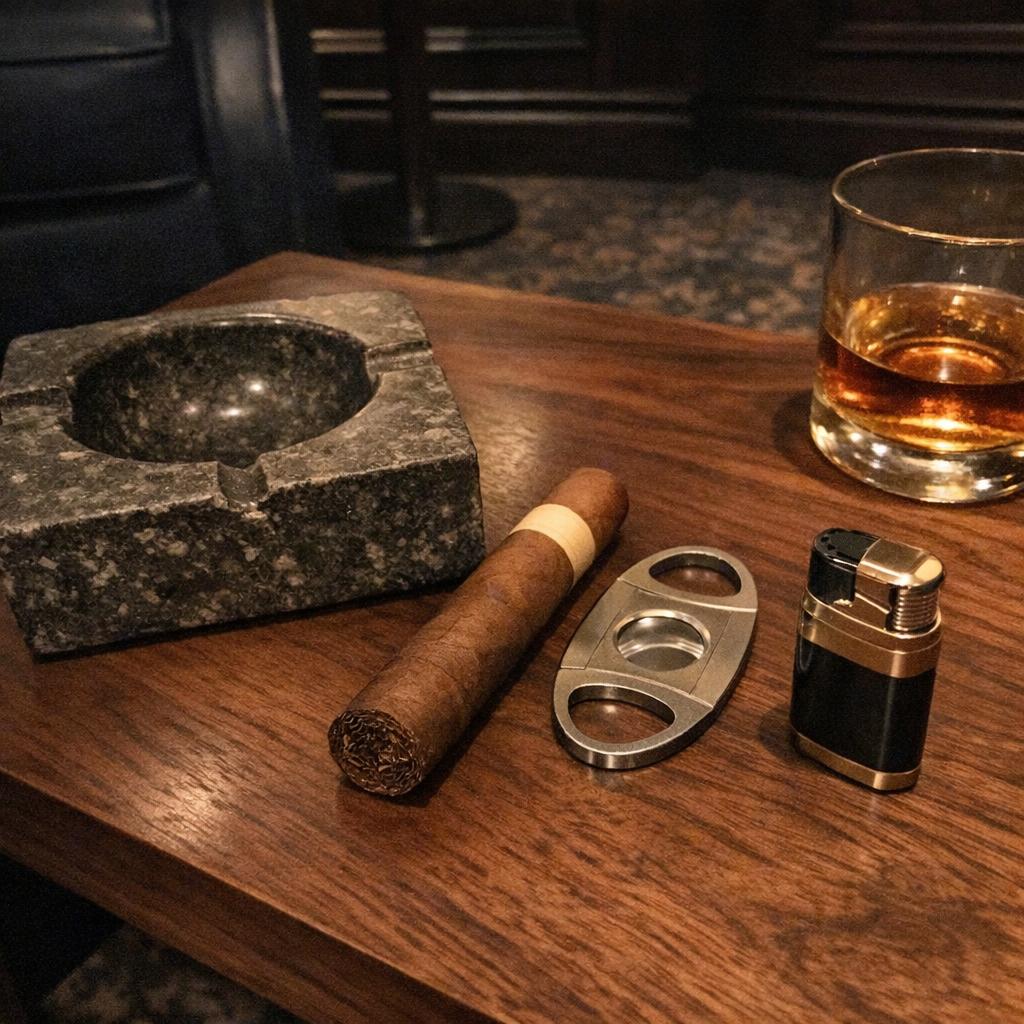 An unlit cigar resting on a walnut lounge table beside a heavy stone ashtray, a double blade cutter, a soft flame lighter and a glass of whisky.