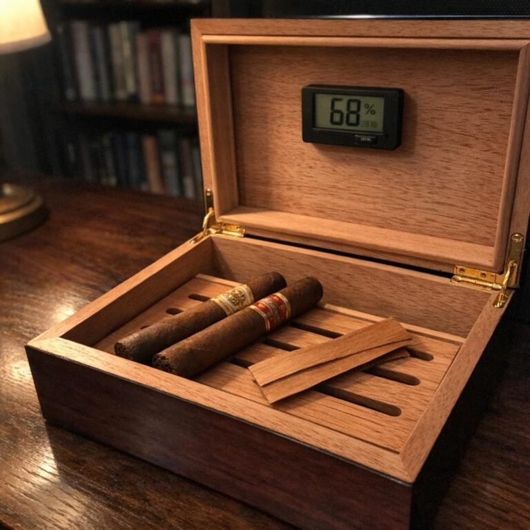 An open cedar humidor with a hygrometer reading sixty-eight percent, two cigars resting beside a fold of cedar spills.