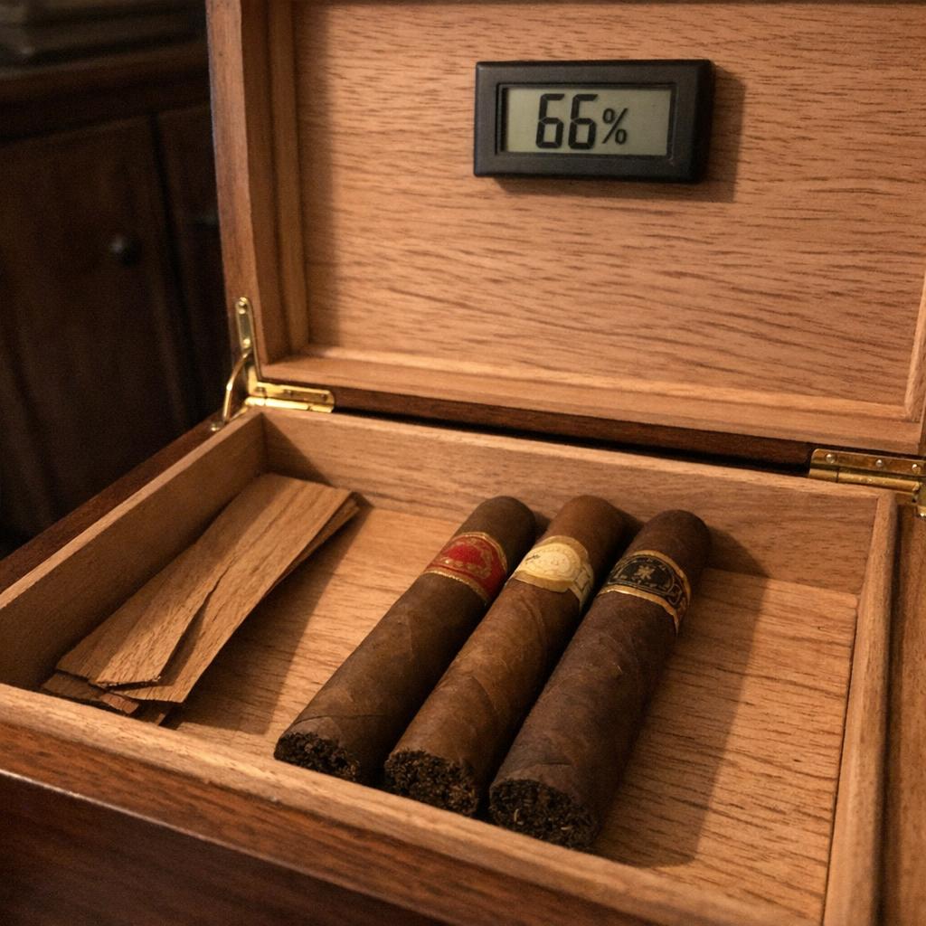 Three unlit cigars lined up in a cedar humidor beneath a hygrometer reading sixty-six percent.