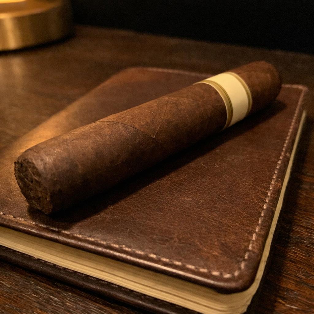 A single cigar with a plain cream band resting on a leather notebook, wrapper showing a natural matte finish.