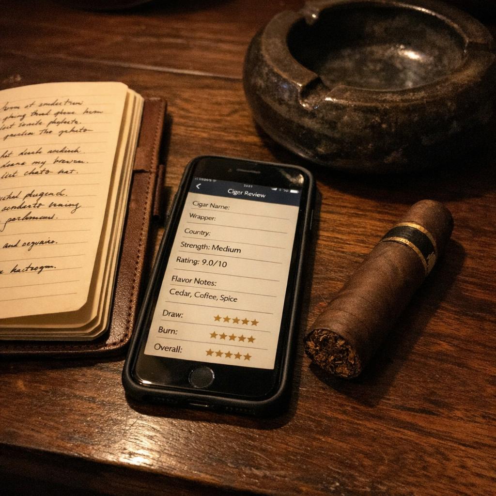 A phone showing a structured cigar review beside an open journal, a heavy ceramic ashtray and a resting cigar on a dark wooden desk.