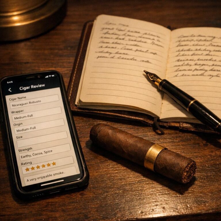 A structured cigar review app open on a phone beside a handwritten leather journal and an unlit cigar on a dark desk at night.
