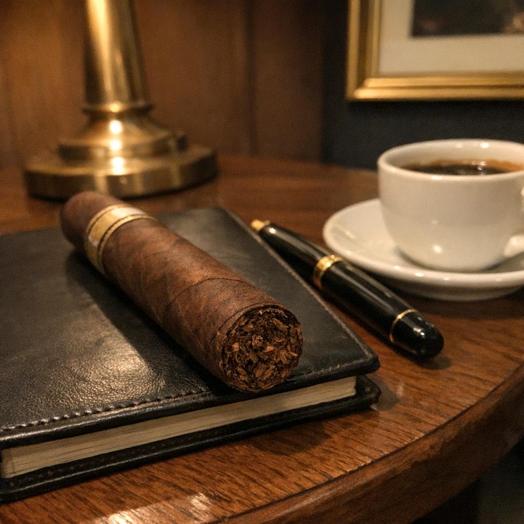 An unlit cigar rests on a closed leather notebook beside a fountain pen and a cup of espresso on a walnut lounge table
