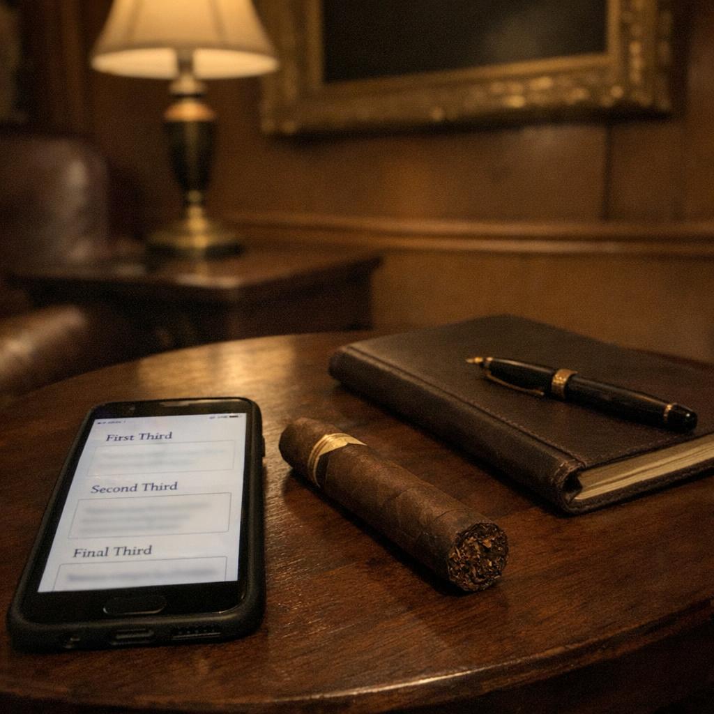 A phone showing a cigar review app with first, second and final third note fields beside an unlit cigar on a lounge table