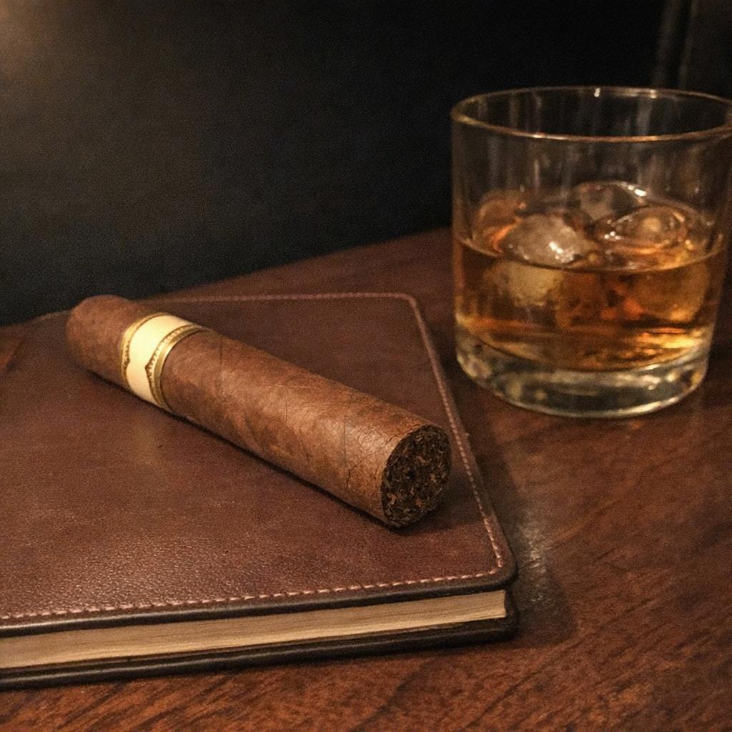 An unlit robusto cigar resting on a closed leather notebook beside a glass of whisky on ice, set on a dark walnut table in warm lamplight.
