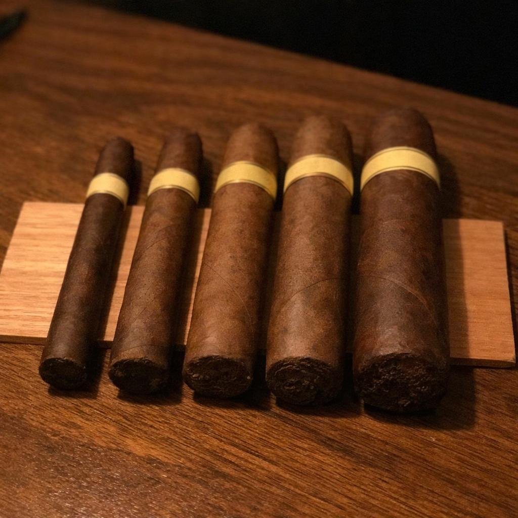 Five unlit premium cigars of increasing ring gauge laid side by side on a cedar strip, showing the visible jump in diameter from a slim lancero to a full gordo.