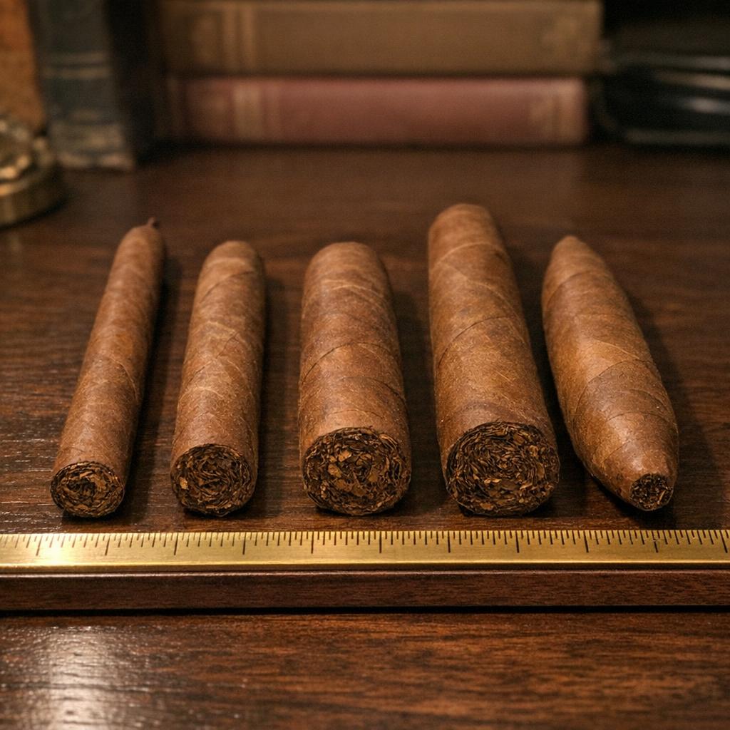 Five unlit premium cigars in a row on a dark walnut desk above a brass-edged ruler showing scale: a Lancero, a Corona, a Robusto, a Toro, and a tapered-head Torpedo, with leather-bound books in the soft-focus background.