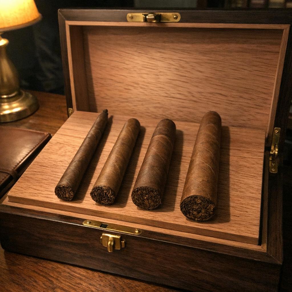 Four unlit premium cigars of varying length and gauge laid in a row across the lid of an open cedar-lined humidor on a dark walnut desk in warm reading-lamp light.