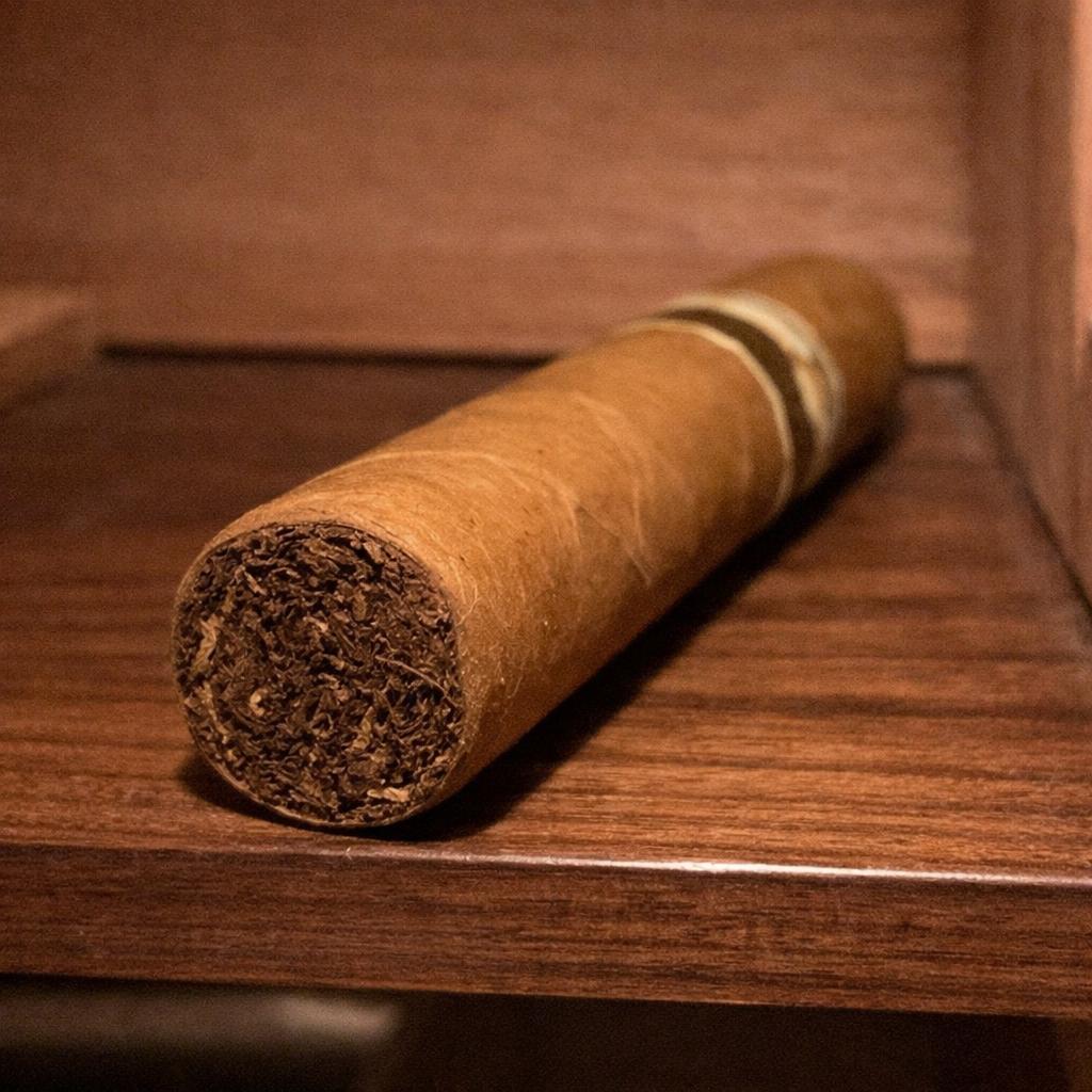 A single Connecticut Shade robusto cigar resting on a warm walnut shelf, pale tan wrapper, clean unlit foot facing the camera, band partially visible to the back.