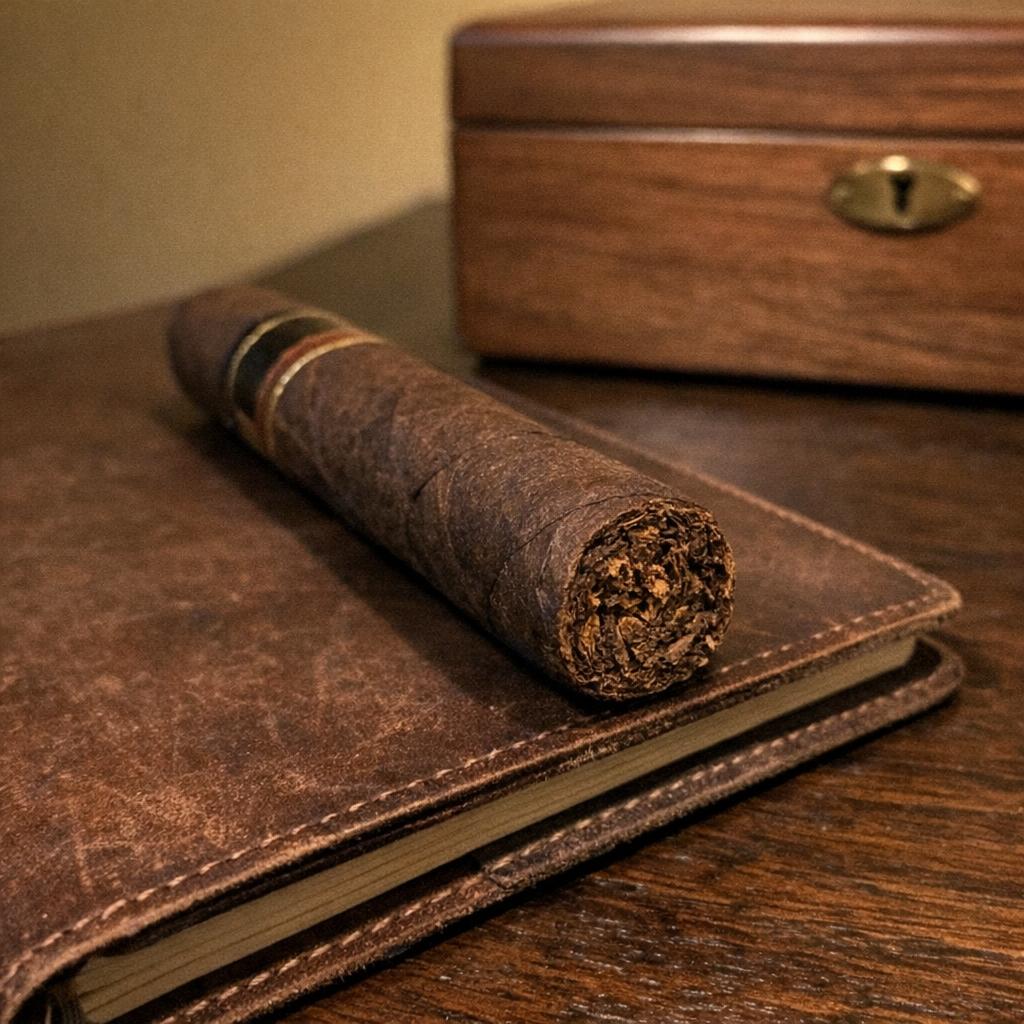 A Connecticut Broadleaf maduro robusto cigar resting flat on a worn leather notebook beside a closed walnut humidor on a dark side table, dark walnut-brown wrapper.