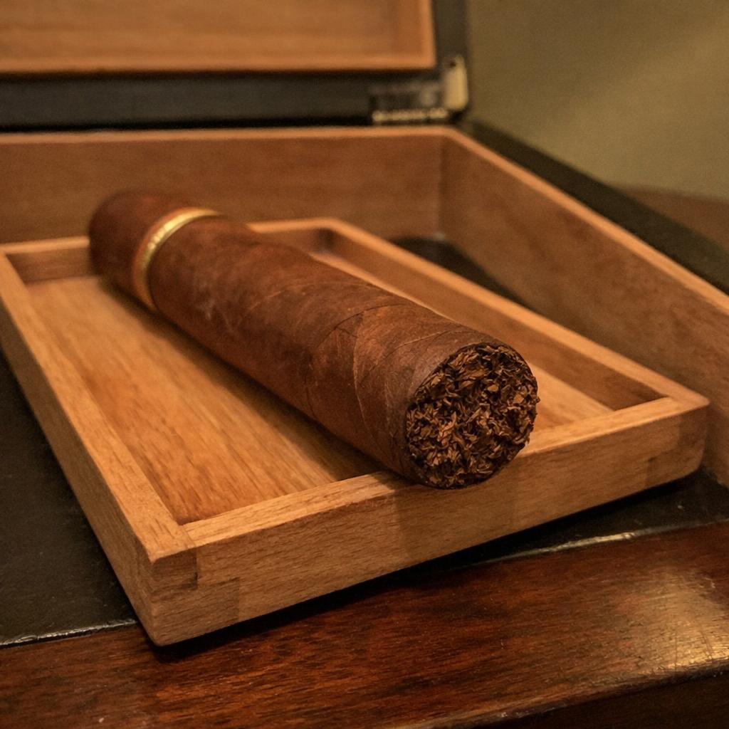A Habano-wrapped toro cigar resting on a cedar tray inside an open humidor, deep reddish-brown wrapper, clean unlit foot facing the camera, band turned to the back.