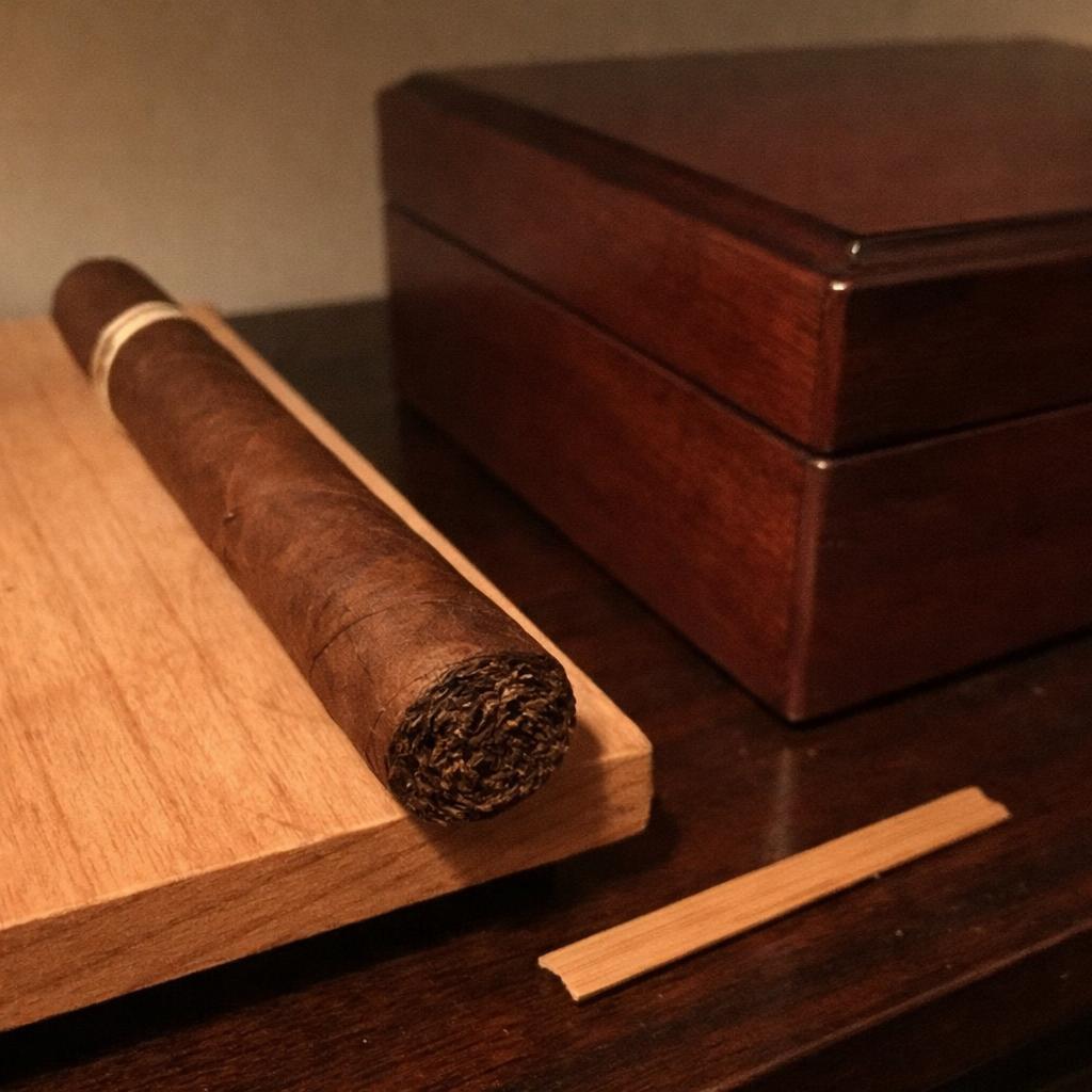 A Corojo-wrapped Churchill cigar resting on a cedar shelf beside a closed humidor, a small unlit cedar spill nearby, deep colorado-brown wrapper, clean unlit foot facing the camera.