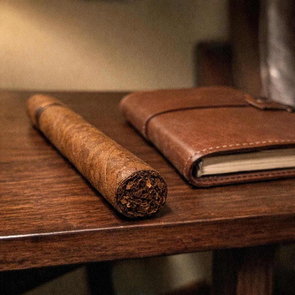 A Cameroon-wrapped lonsdale cigar resting on a dark walnut side table beside a closed leather notebook, golden-brown wrapper with visible tooth, clean unlit foot facing the camera.