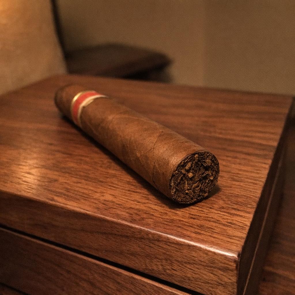 A Sumatra-wrapped robusto cigar resting on the closed lid of a walnut humidor, medium-brown wrapper with smooth grain, clean unlit foot facing the camera.