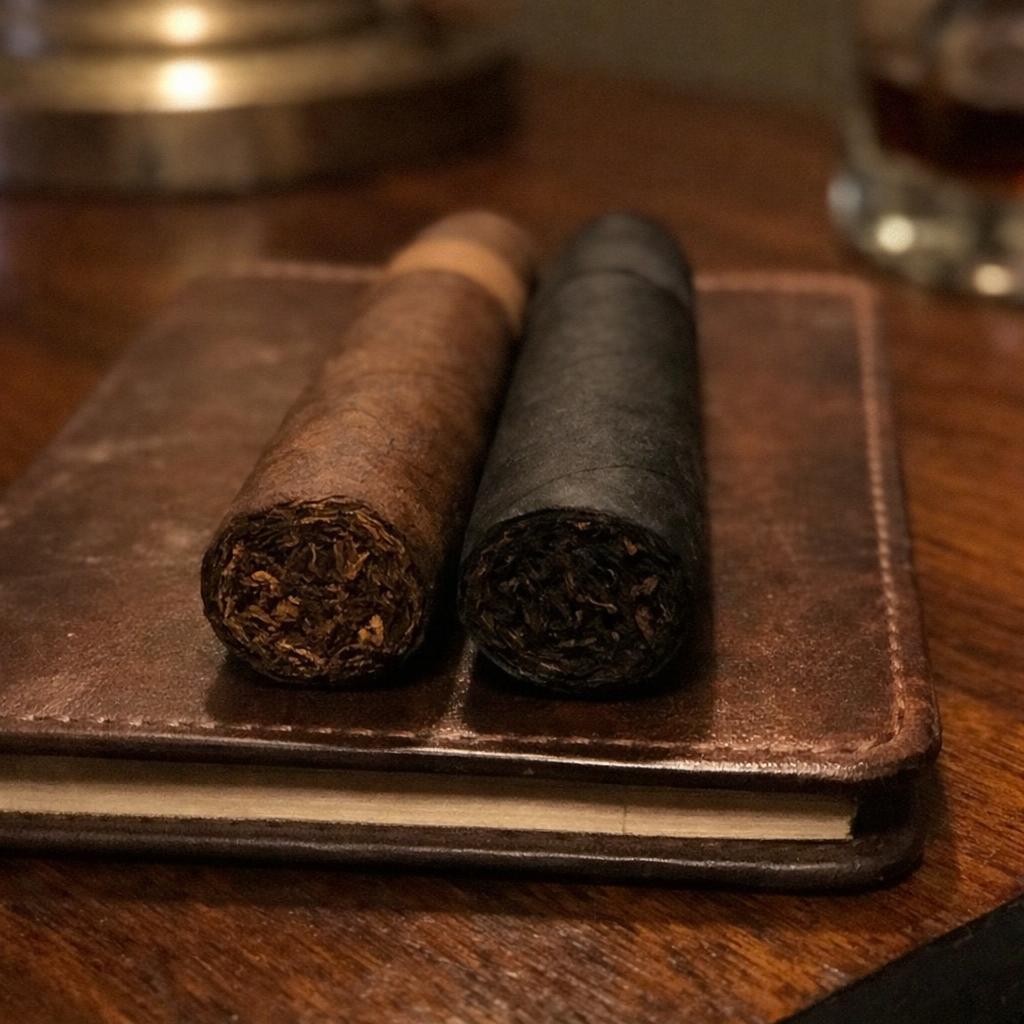 Two cigars side by side on a worn leather notebook, one dark espresso-brown Maduro and one nearly black Oscuro, both feet facing the camera with clean unlit cut tobacco bunches.