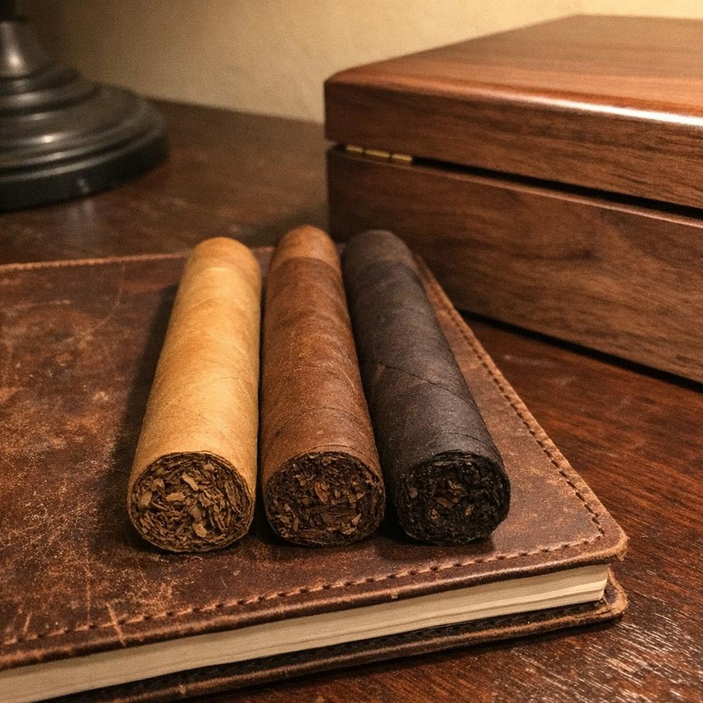 Three cigars on a leather notebook beside a closed walnut humidor, reading lamp visible in the corner, pale tan, colorado, and dark Maduro wrappers shown side by side.