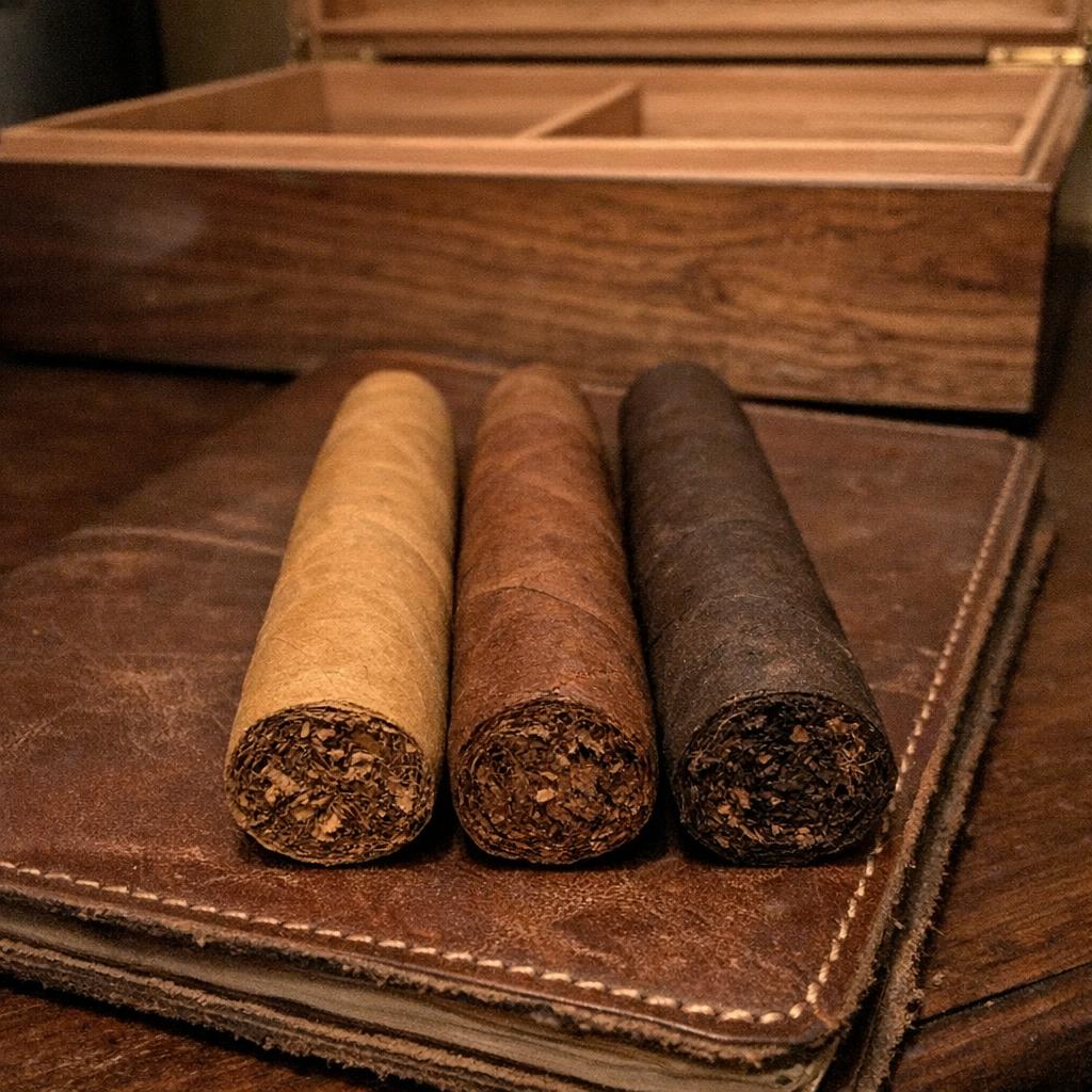 Three cigars lined up on a worn leather notebook in front of an open walnut humidor, showing the wrapper spread from pale Connecticut Shade through reddish-brown Habano to deep walnut-brown Maduro.