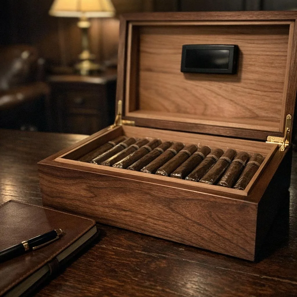 An open walnut humidor of cellophaned cigars on a dark desk, a gauge mounted in the lid and a leather notebook beside it