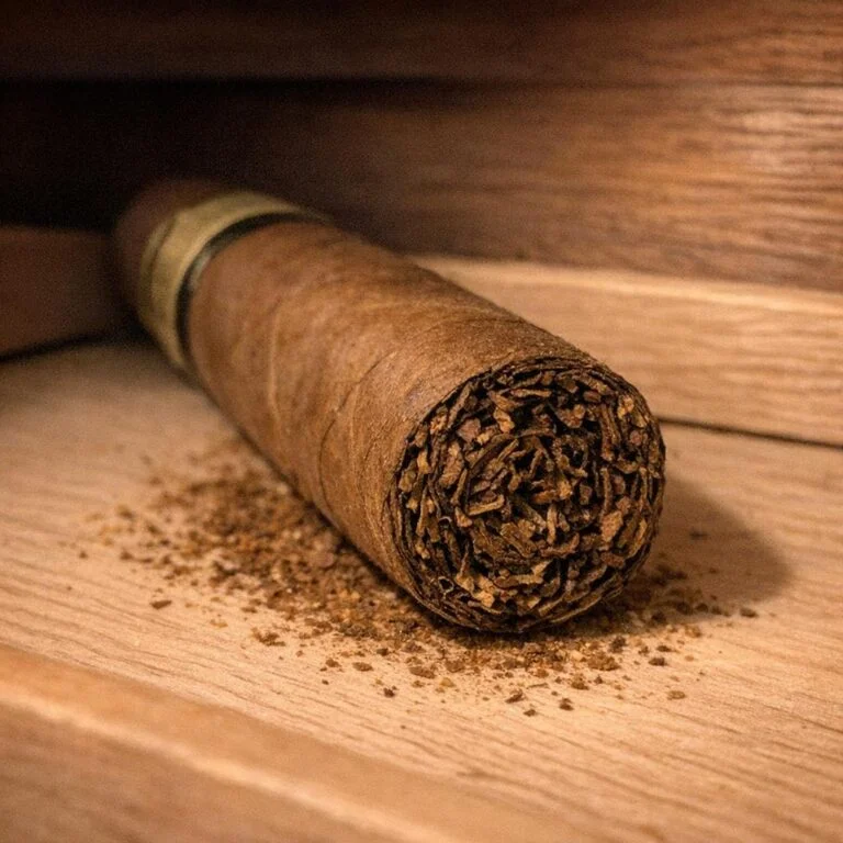 A single unlit cigar lies on a pale cedar humidor shelf with a fine drift of powdery tobacco dust scattered beneath it