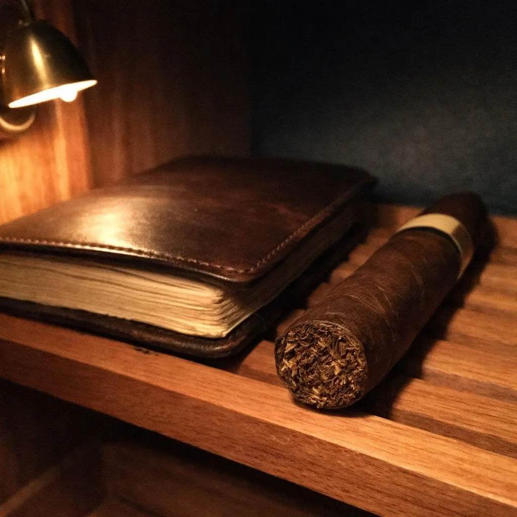 A closed leather-bound journal and an unlit cigar resting together on a cedar humidor shelf under a brass reading lamp