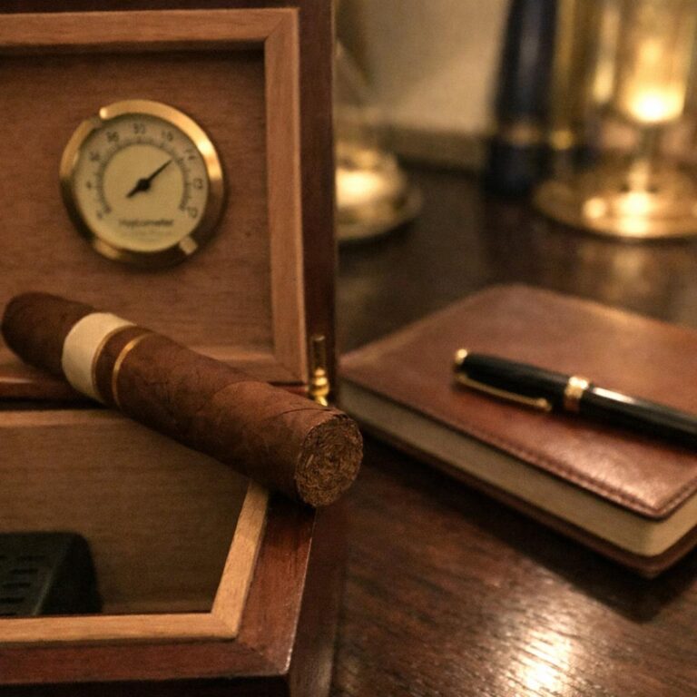 A cigar rests on an open humidor lid, its hygrometer visible inside, beside a notebook and pen under warm lamplight.