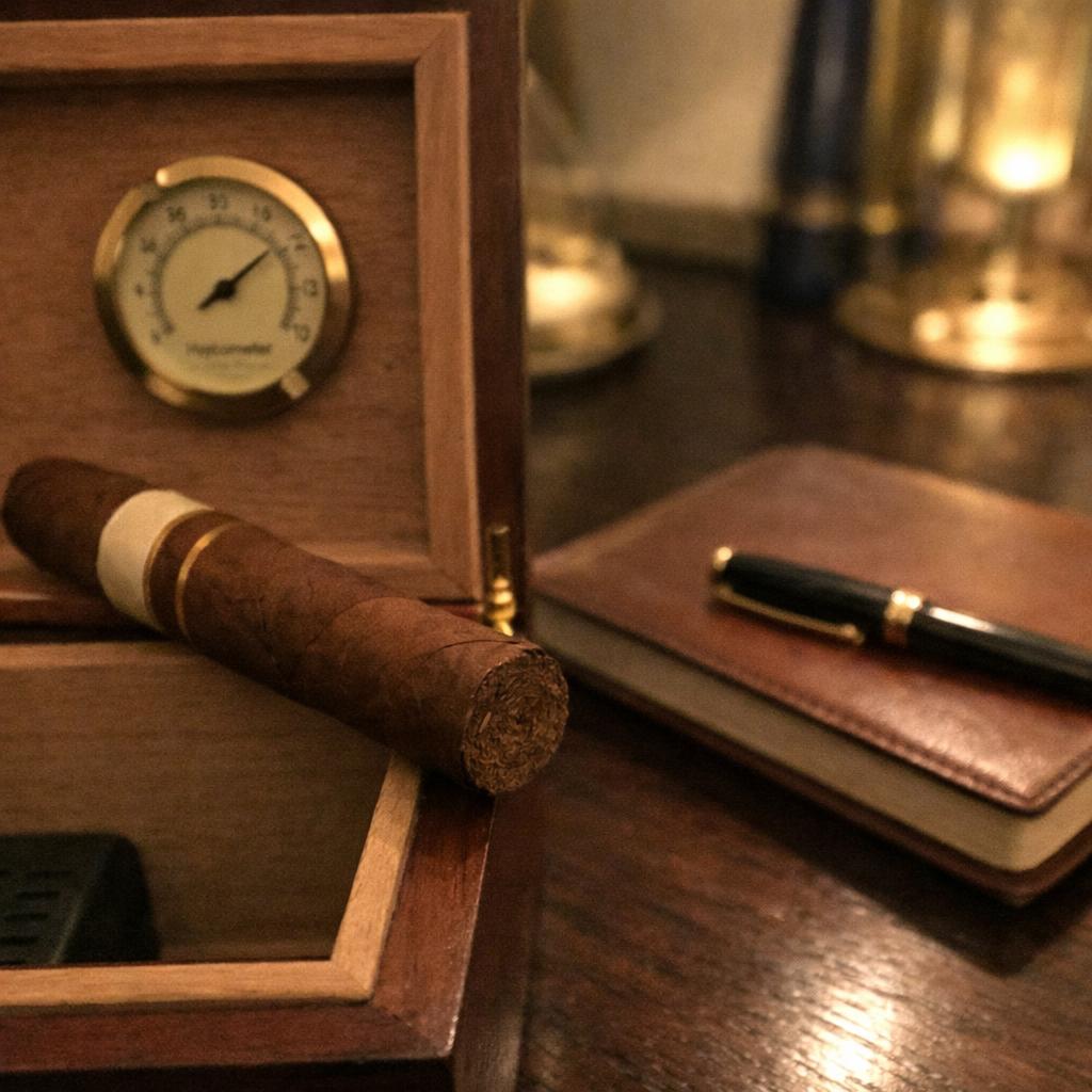 A cigar rests on an open humidor lid, its hygrometer visible inside, beside a notebook and pen under warm lamplight.
