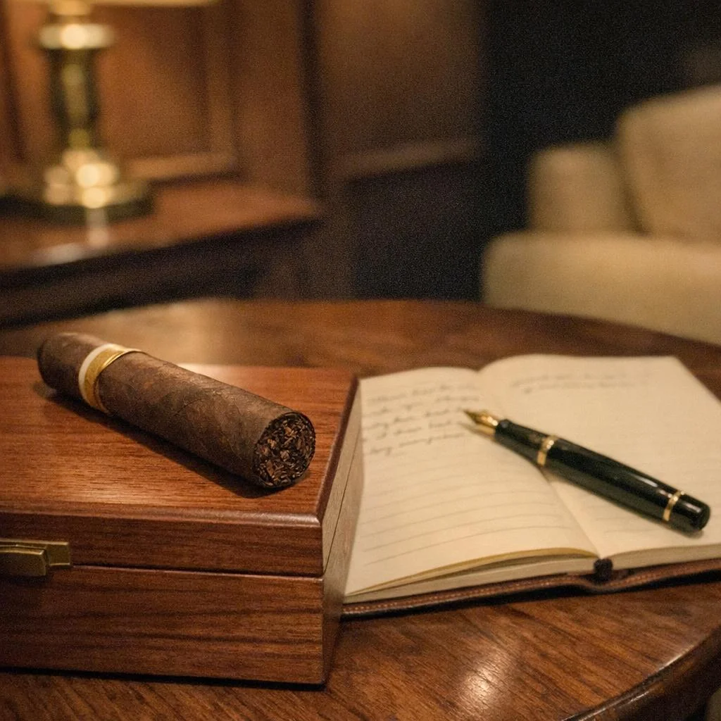 An unlit cigar resting on the closed lid of a small cedar humidor beside an open leather notebook and a fountain pen, warmly lit on a wood side table.