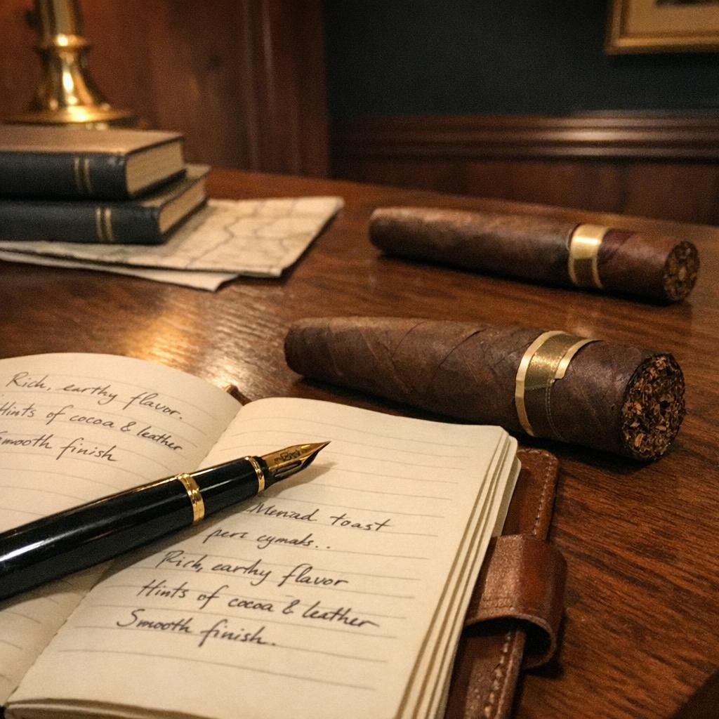 Two unlit cigars resting on a walnut desk, one beside an open leather notebook with handwritten tasting notes, the other beside a small stack of reference books, in a warmly lit wood-panelled lounge.