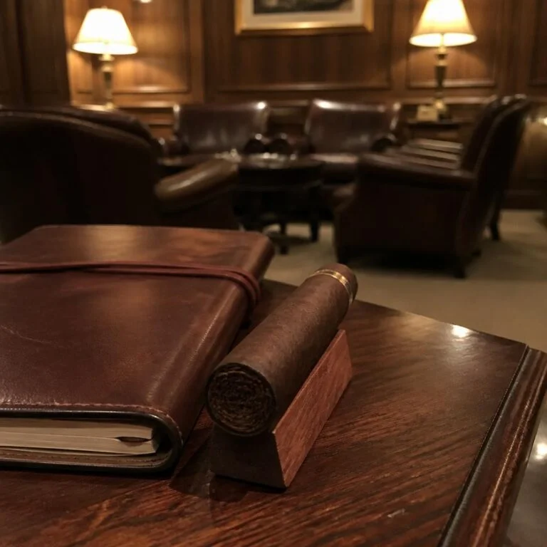 Unlit dark-wrapper cigar on a cedar rest beside a closed leather notebook, with a wood-panelled cigar lounge of leather armchairs behind
