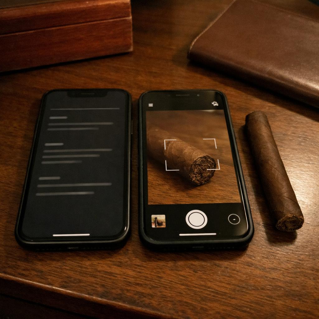 Two phones on a walnut desk, one open on a tasting journal and one framing a cigar in a camera viewfinder, beside an unlit cigar