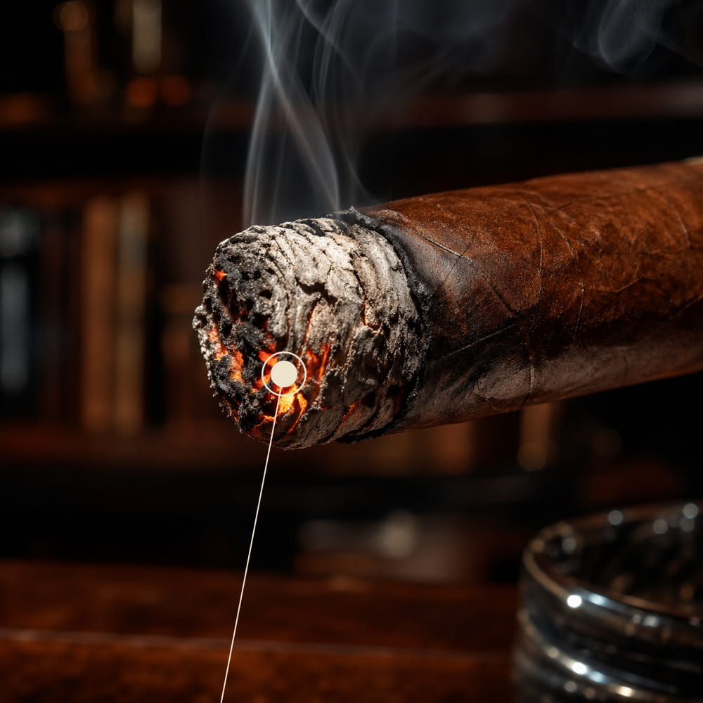 Macro shot of a premium cigar with a clean burn line, long pale grey ash, and glowing red ember at the foot, illustrating good construction and combustion
