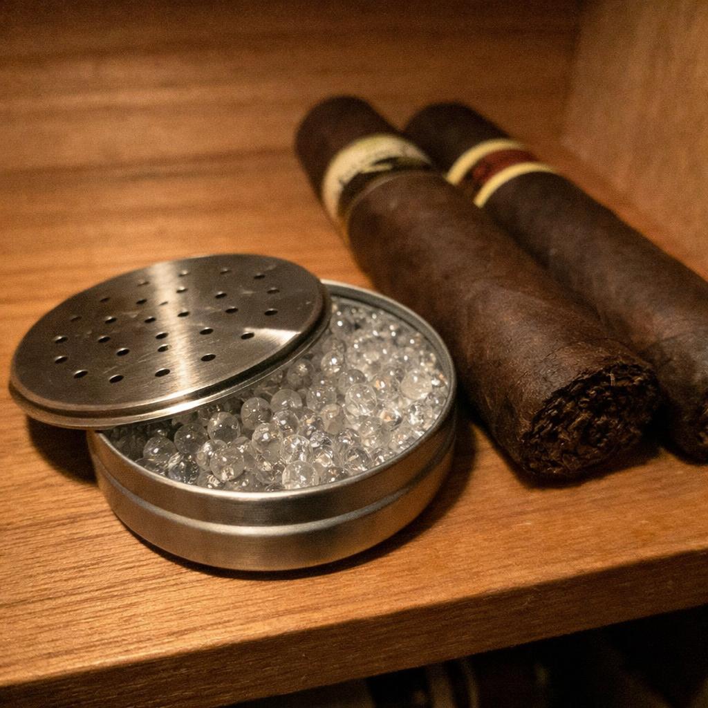 A small metal-lidded puck of clear crystal-gel humidor beads on a cedar shelf beside two Maduro cigars