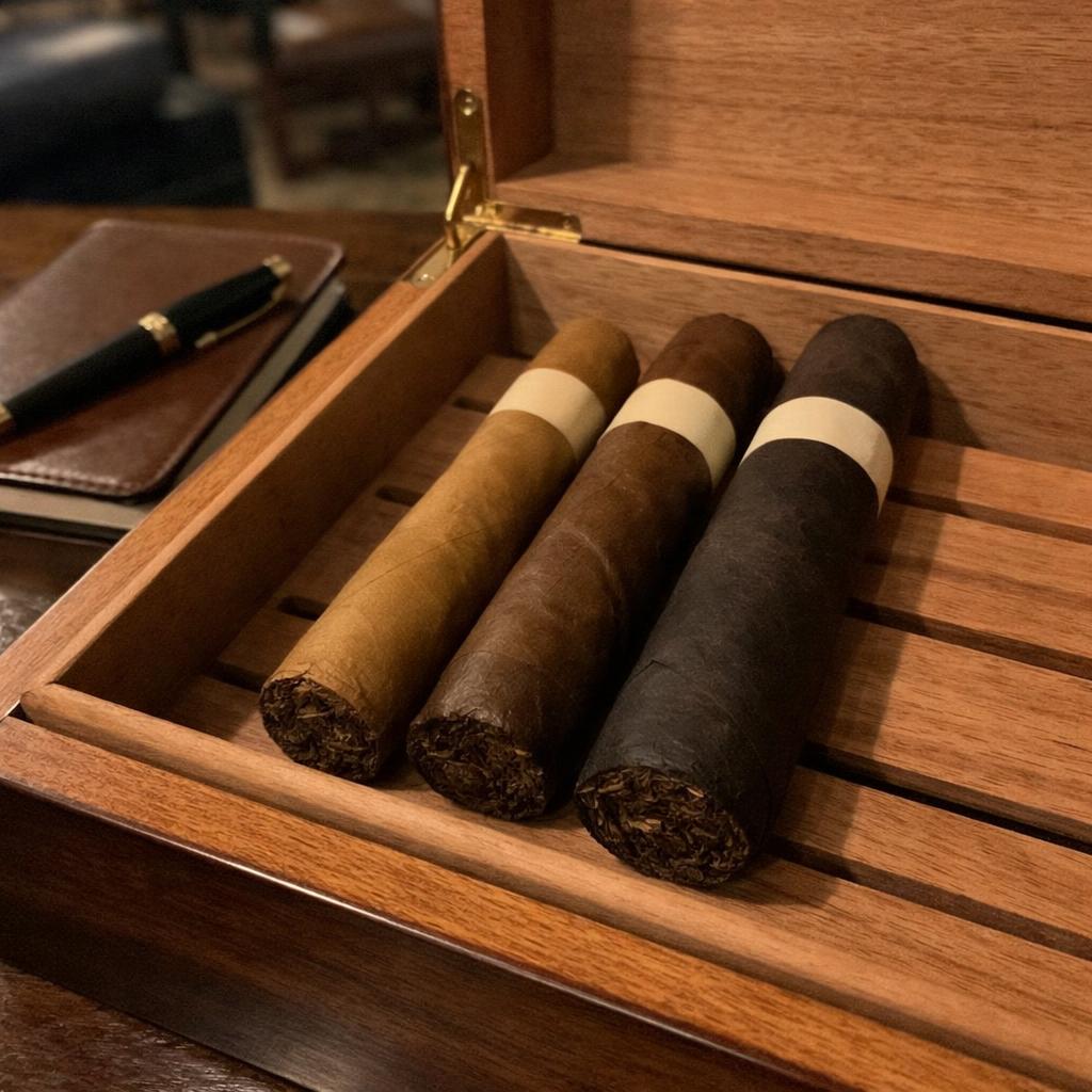 Three unlit cigars of different lengths and ring gauges rest side by side on a cedar humidor shelf beside a closed leather notebook and fountain pen.