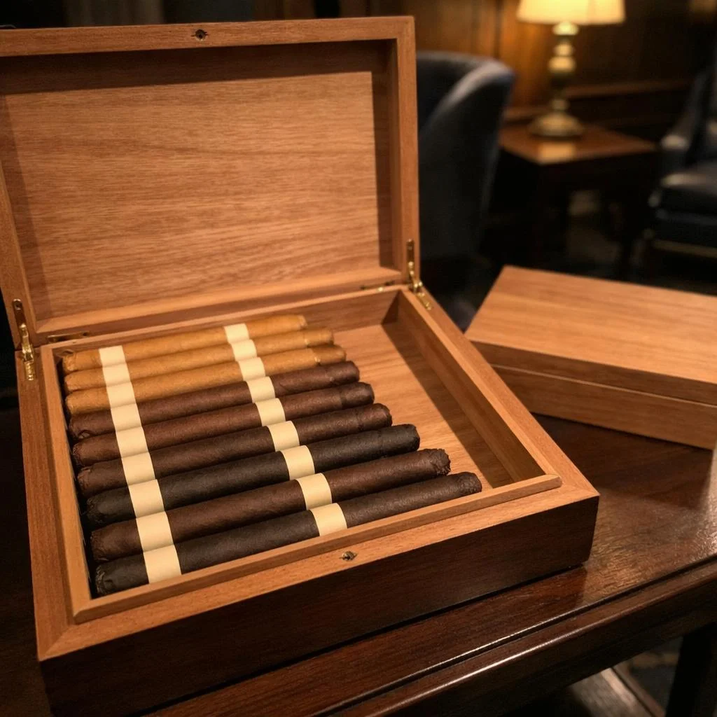 An open cedar humidor on a walnut table holds a single layer of unlit cigars arranged from pale tan through to espresso brown, showing the range of wrapper shades across the Cuban portfolio.