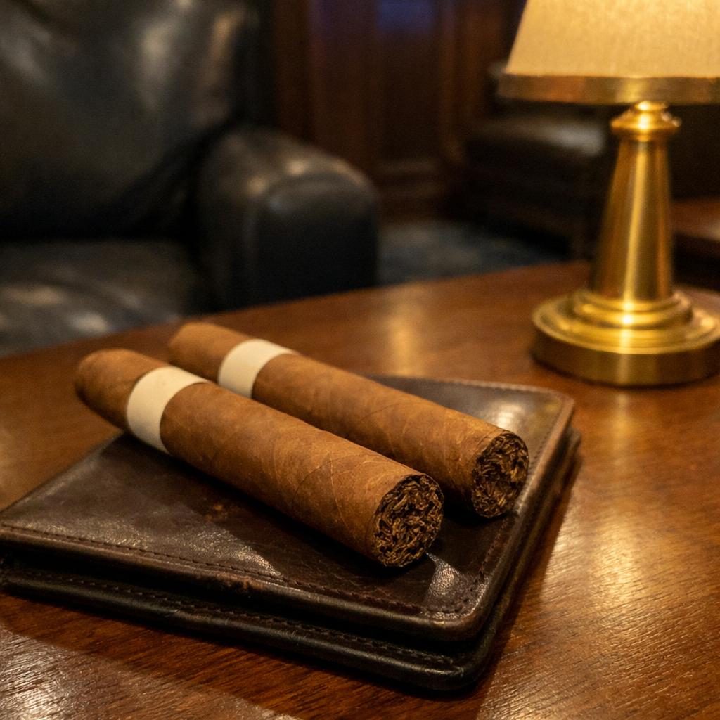 Two unlit cigars resting on a worn leather passport wallet on a walnut side table, lit by a brass lamp in a quiet lounge.