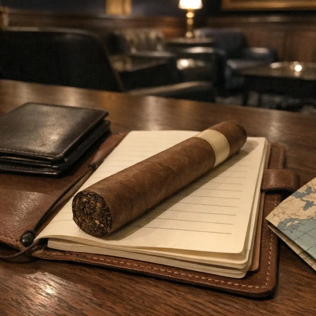 An unlit cigar rests on an open travel notebook beside a leather passport wallet and a folded map on a dark walnut desk in a club lounge.