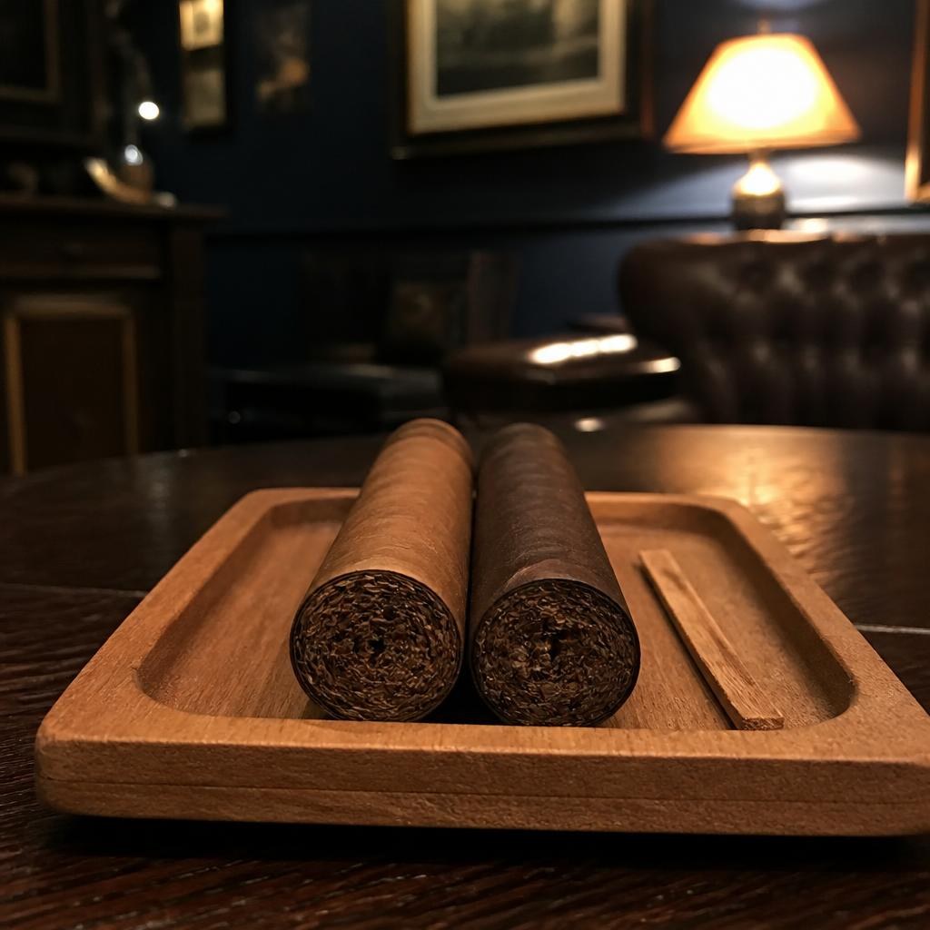 Two unlit cigars, one colorado brown and one espresso brown, lying foot-first on a cedar tray beside a cedar spill