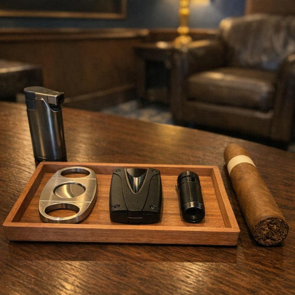 A double-blade guillotine cutter, a V-cut cutter and a bullet punch laid in a row on a cedar tray beside a torch lighter and an unlit cigar