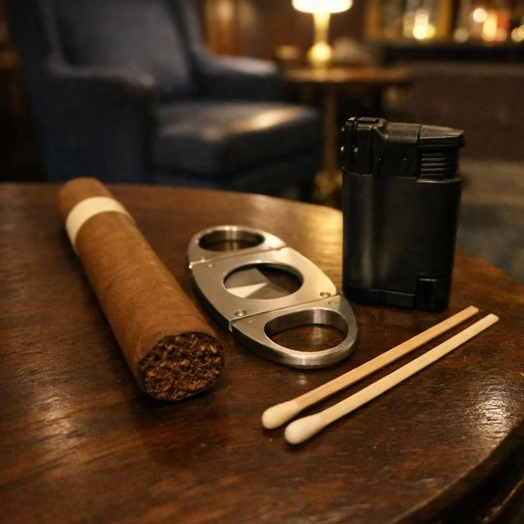An unlit cigar, an open stainless double-blade guillotine cutter, a black double-jet butane torch lighter and two cedar matches on a walnut table