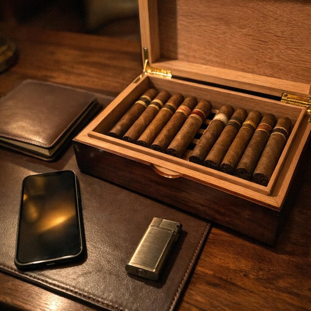 An open Spanish-cedar humidor of unlit cigars beside a smartphone and a butane lighter on a warm-lit walnut writing desk
