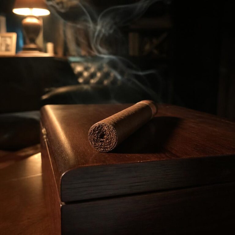 An unlit premium cigar resting on the closed lid of a cedar humidor in a dim lounge, foot showing a clean cut tobacco bunch, a wisp of ambient smoke drifting past a brass reading lamp behind it.
